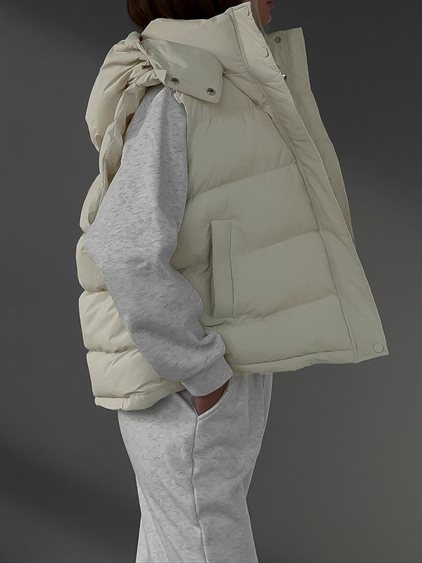 Loose Sleeveless Drawstring Split-joint Zipper Hooded Padded Vest