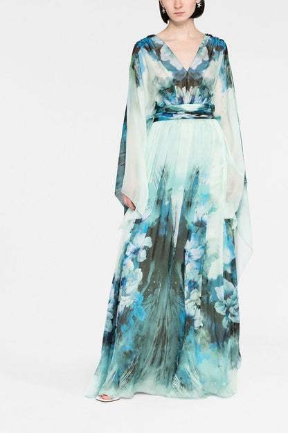 Long Sleeves V-neck Tapered Waist Maxi Dress Blue