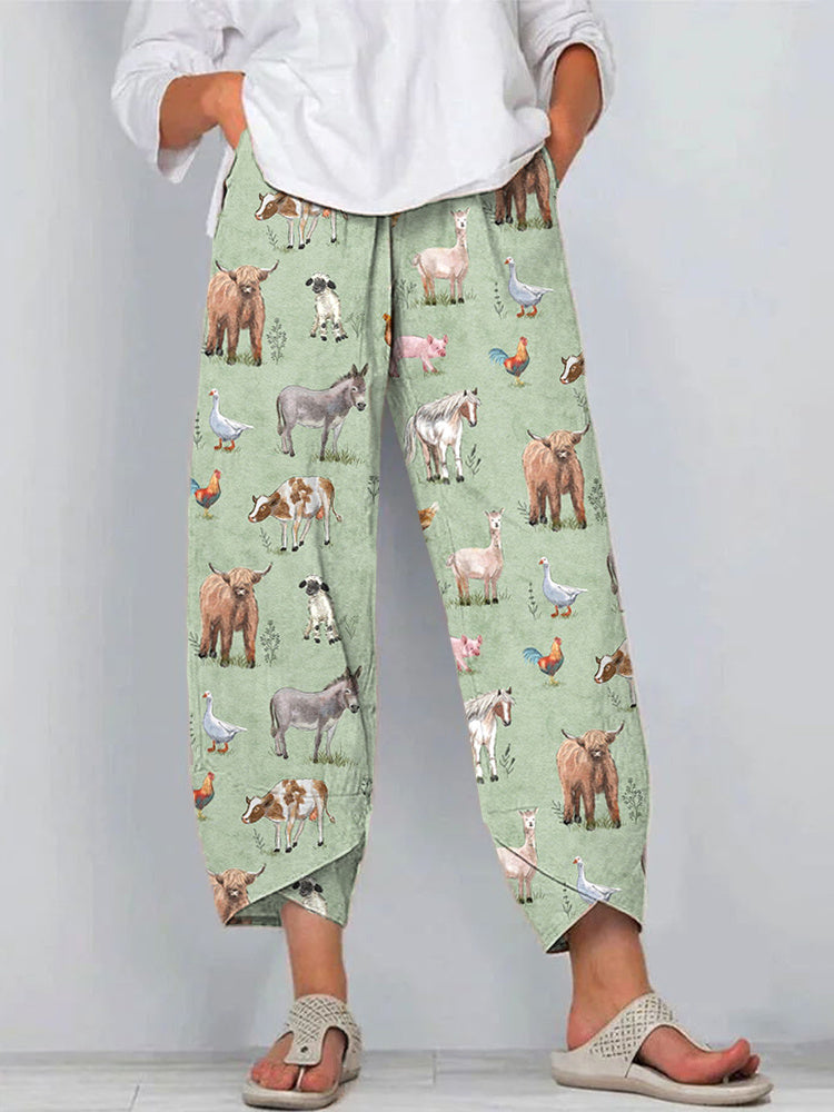 Farm Animals Print Linen Blend Casual Pants artswardrobe