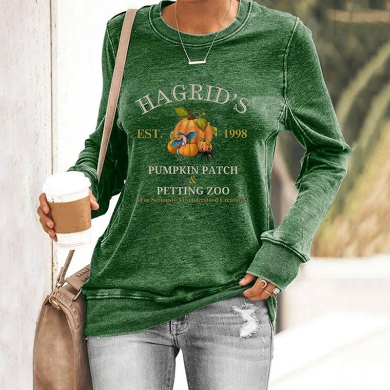 Women's Halloween Hagrid's Pumpkin Patch Print Long Sleeve Sweatshirt artswardrobe