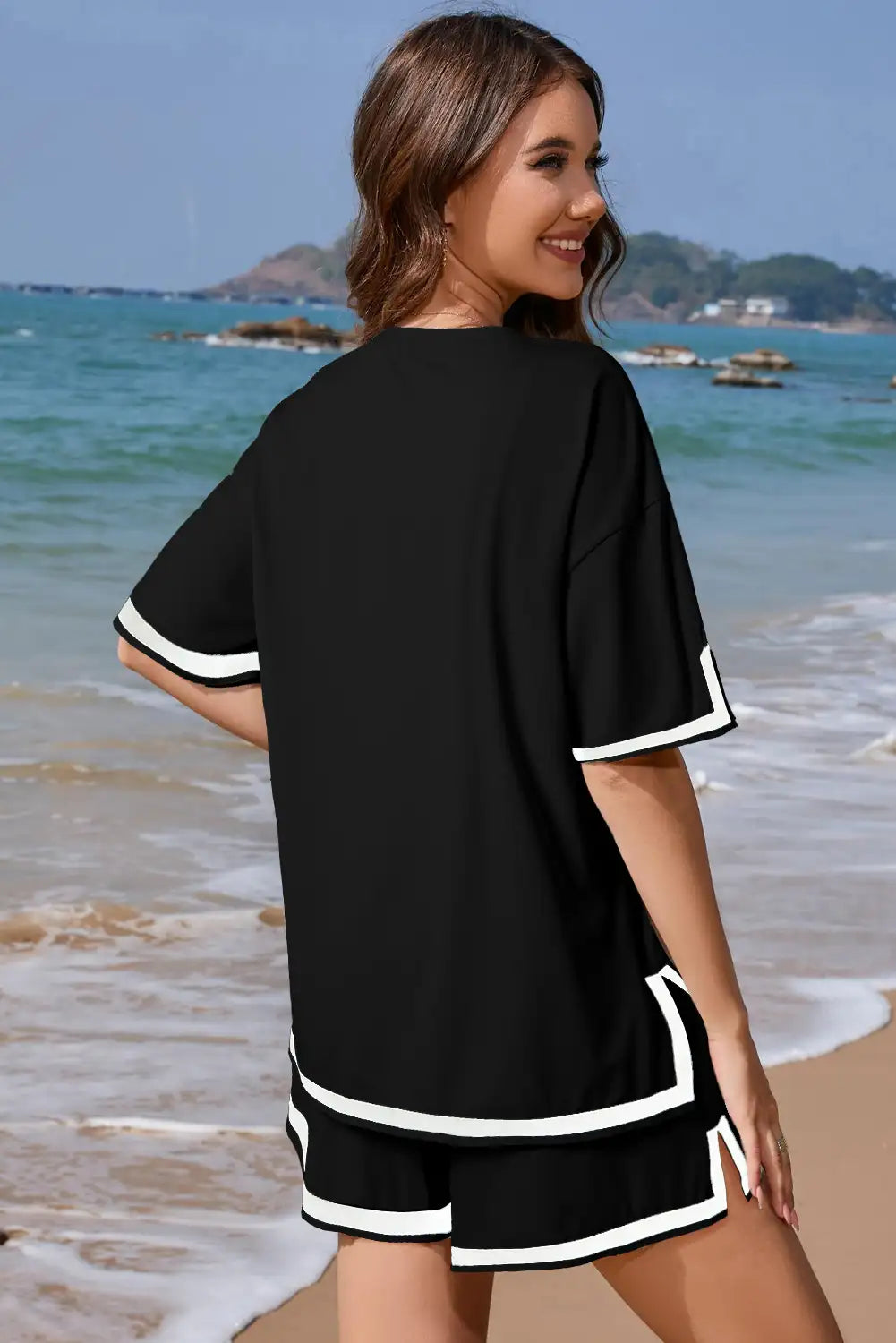 Black Color Block Tee and Shorts Set