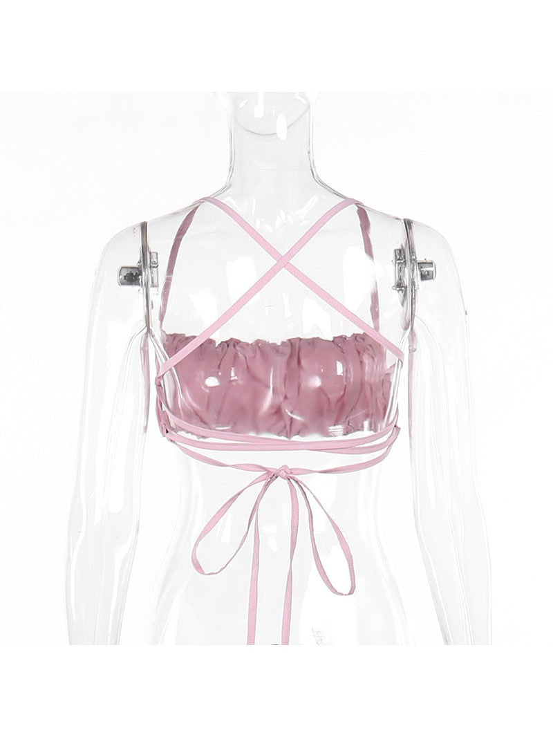 Pink Ruffle Vest Pleated Camisole Crop Top