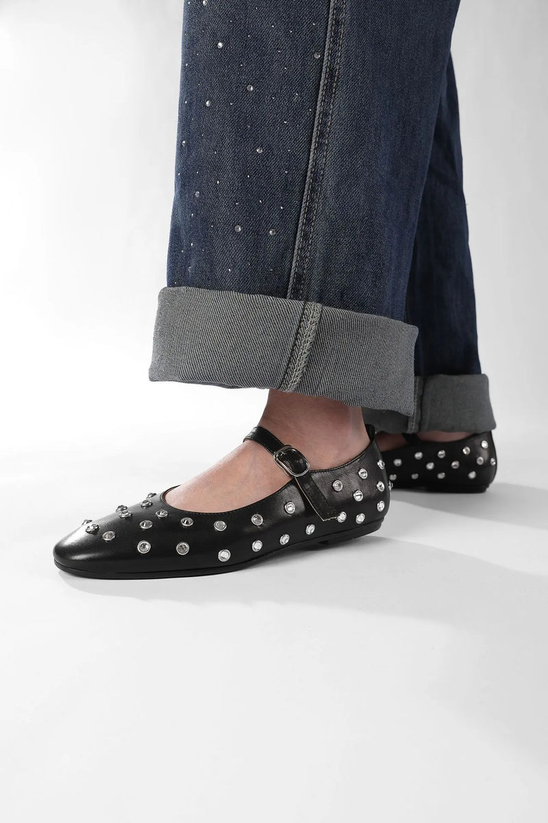 Studded Rhinestones Mary Jane One-line Buckle Ballet Flats