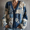 Vintage Floral Japanese Sashiko Colorblock Cozy Knit Cardigan artswardrobe
