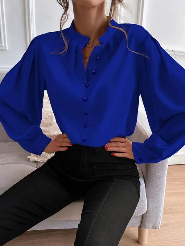 Loose Puff Sleeves Pleated Color Split-joint Stand Collar Blouses