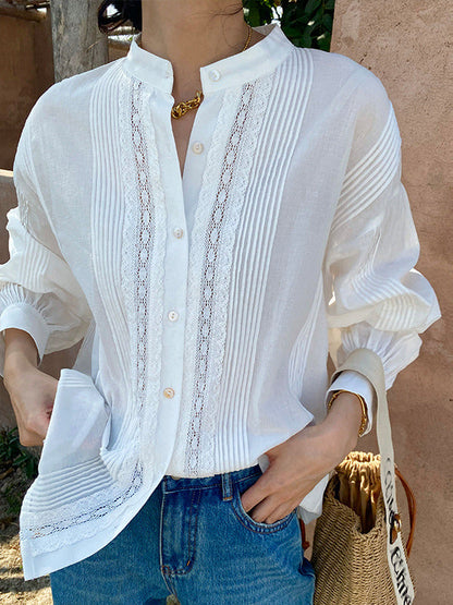 Long Sleeves Loose Buttoned Pleated Color Split-joint Stand Collar Blouses&shirts Tops