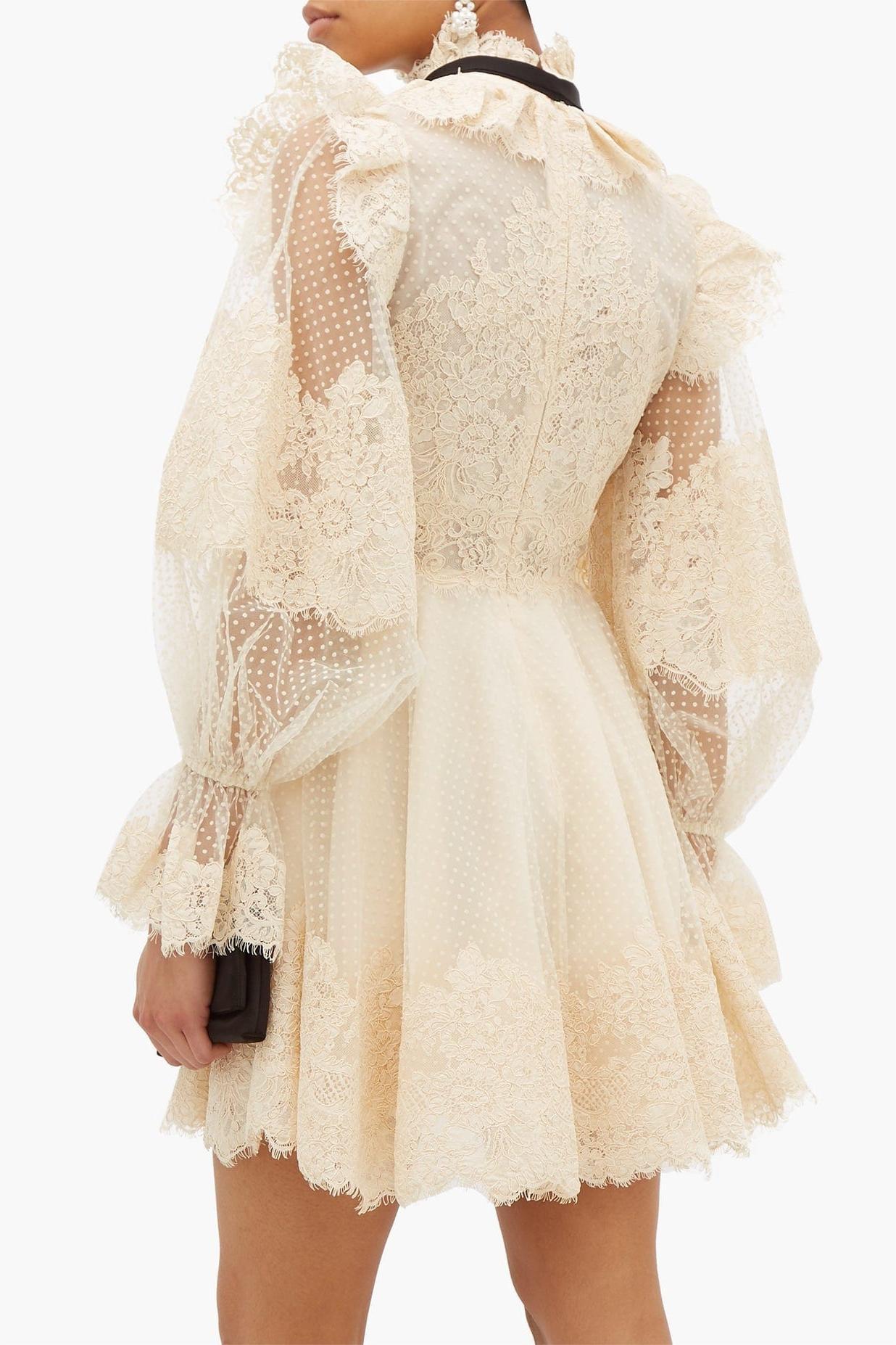 Lantern Sleeve Pussy-bow Lace Mini Dress