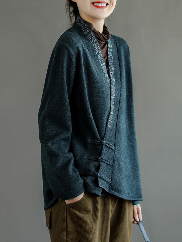 Color Embroidered Wool Blend Cardigan Top