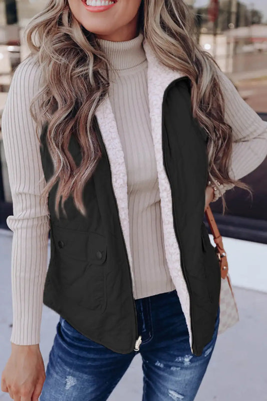 Fleece Lined Quilted Zip Up Vest Coat Black