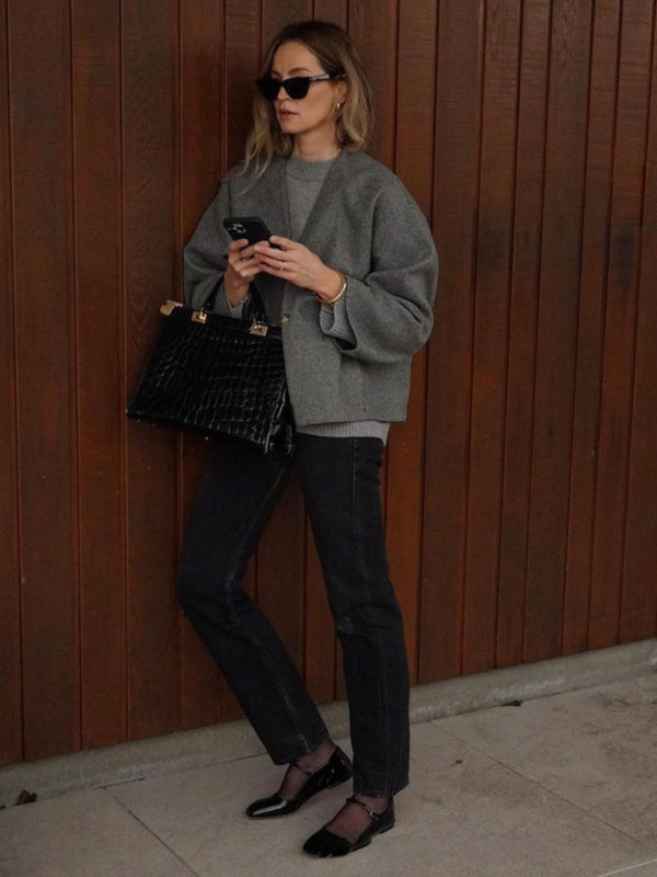 New Fashionable Short V-neck Woolen Cardigan Single-button Jacket