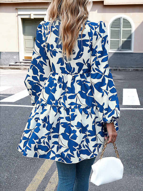 High-low Loose Contrast Color Leaves Print Lapel Blouses&shirts Tops