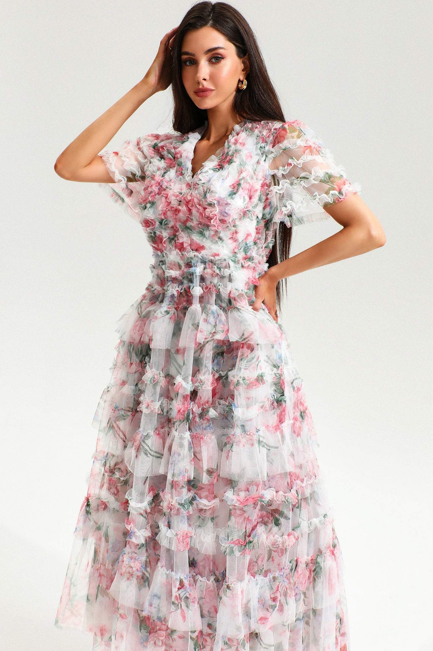 V-neck Short Sleeve Ruffle Tiered Hem Maxi Dress