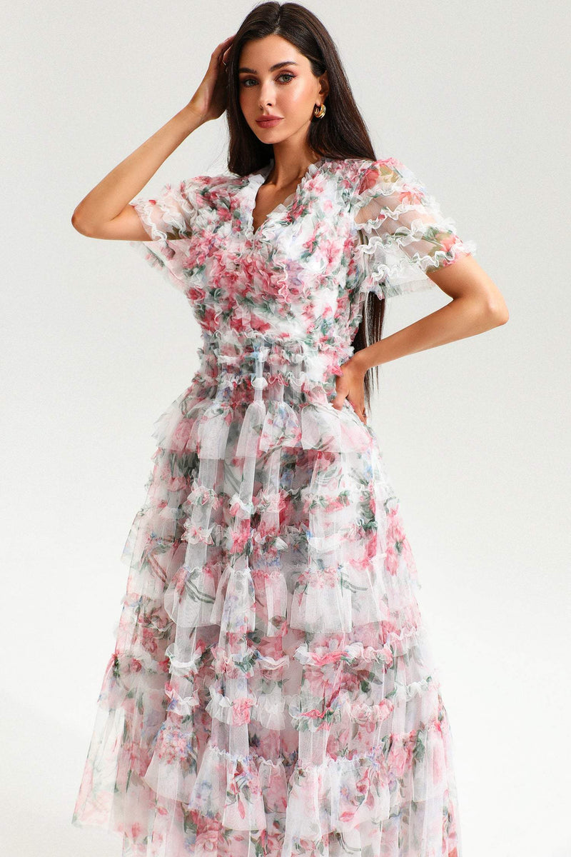 V-neck Short Sleeve Ruffle Tiered Hem Maxi Dress
