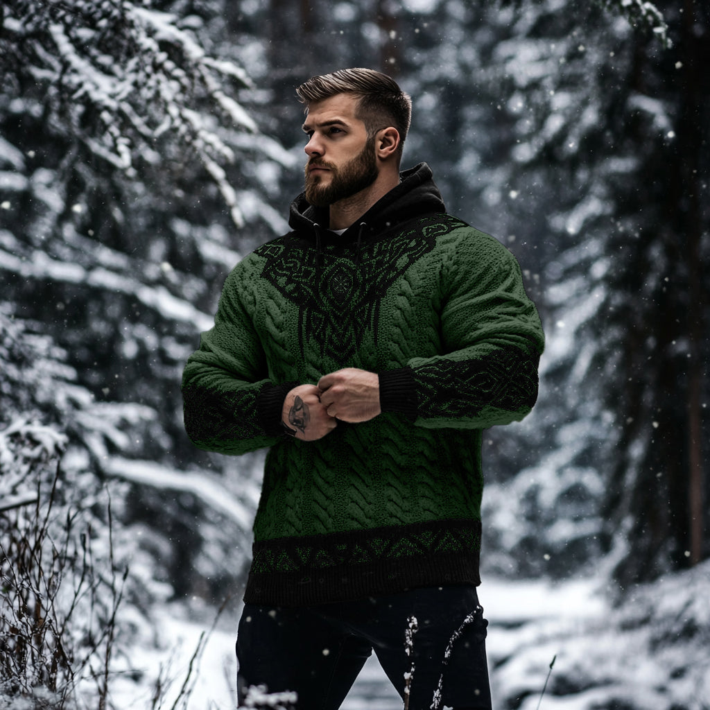 Men's Viking Tribal Jacquard Celtic Inspired Chunky Knit Hooded Sweater elevenforest