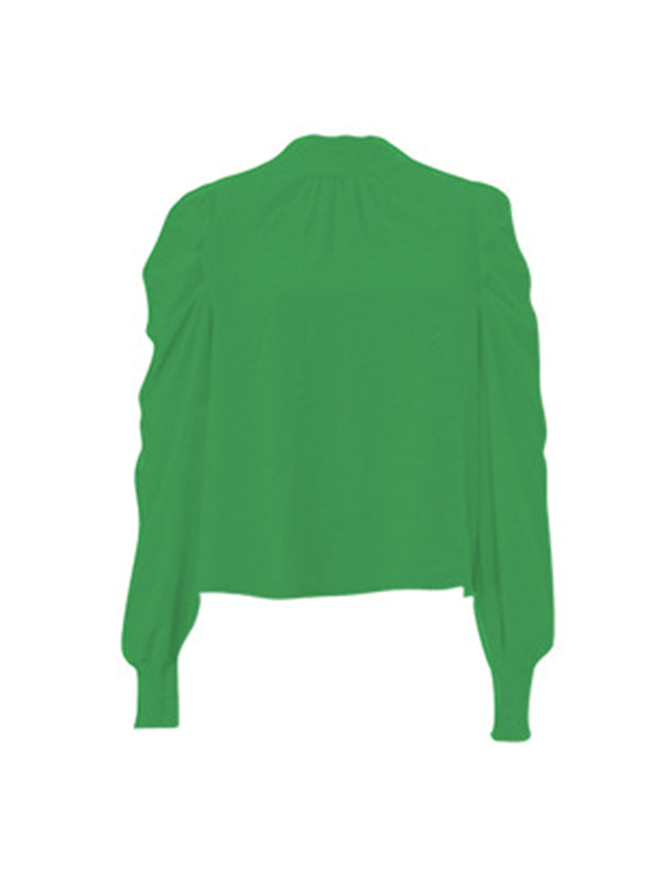 Long Sleeves Puff Sleeves Pleated Color Half Turtleneck Blouses&shirts Tops