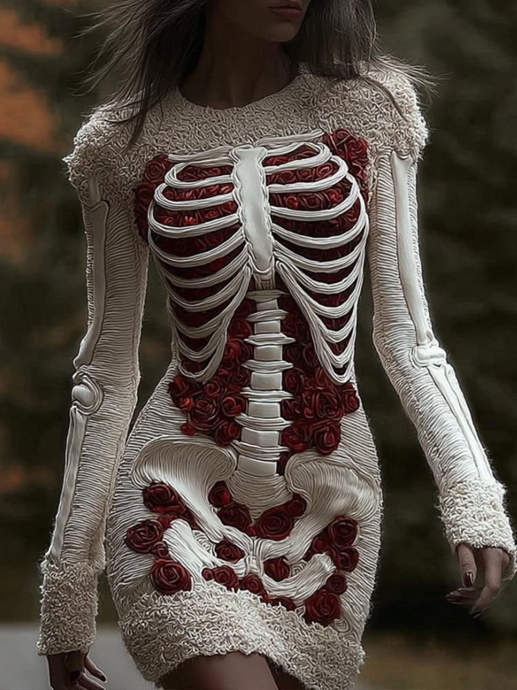 Women's Halloween Skeleton Rose Art Round Neck Mini Skirt artswardrobe