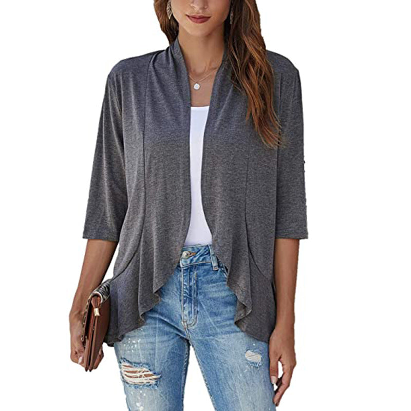 Clothing Autumn Color Cardigan 3/4 Sleeve Ruffle Top