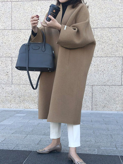 Long Sleeves Loose Color Collarless Woolen Coat