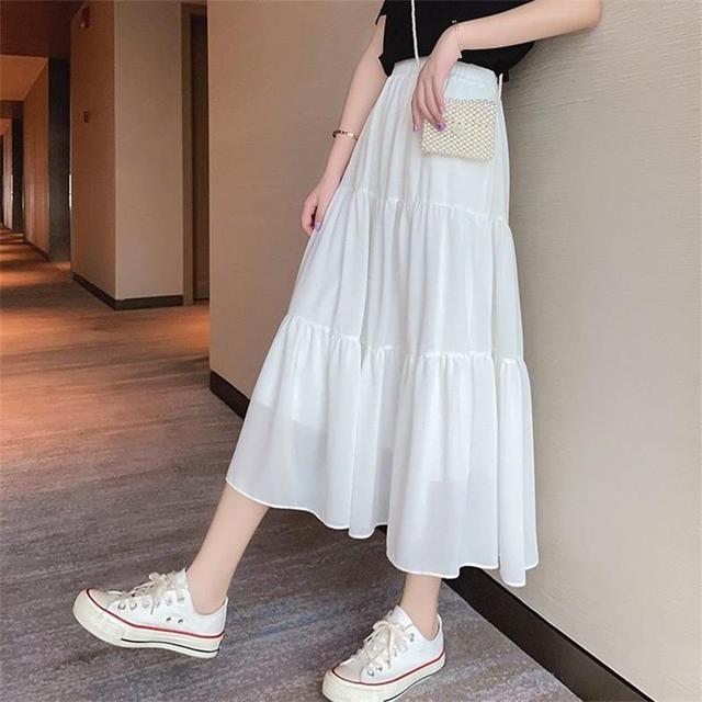 Summer Chiffon Skirts High Waist Elastic Patchwork White Black Mid Length Cake A-line Skirt for Student