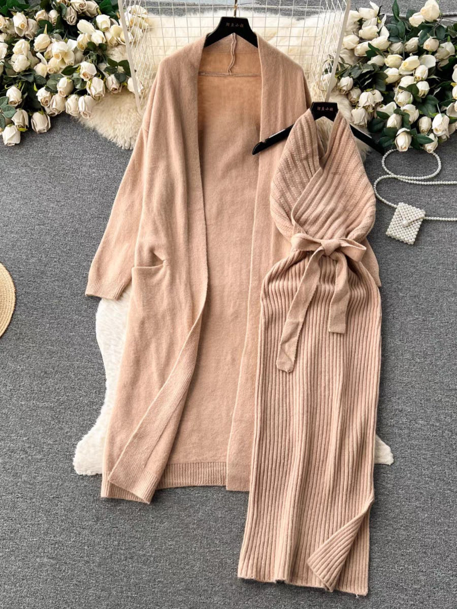 Autumn Winter Color High Grade Cardigan Slim Fit Halter Dress Knitting Suit