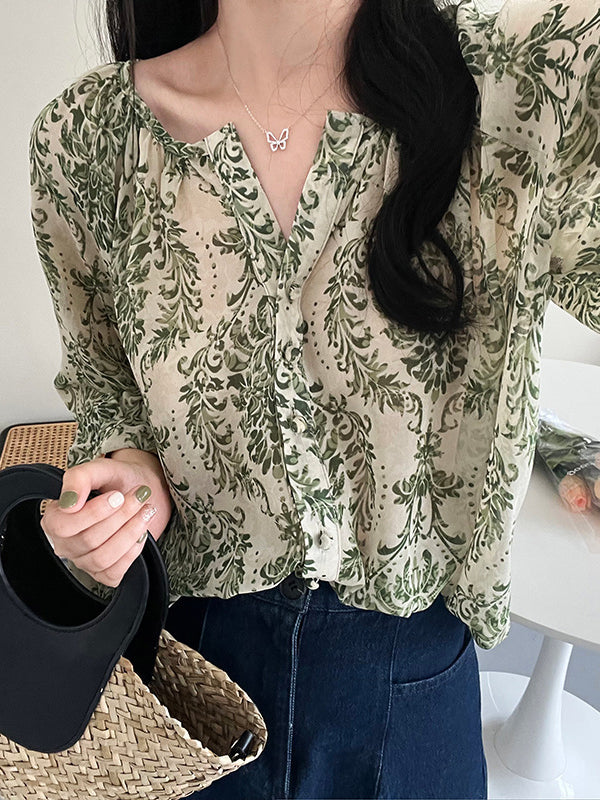 Loose Printed Sun Protection Balloon Sleeves V-neck Blouses
