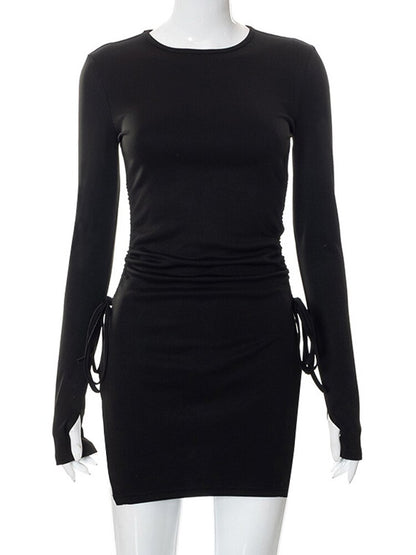 Mall Gothic Drawstring Bodycon Mini Dresses Y2k Punk Black Split Long Sleeve Dress Grunge Basic Partywear