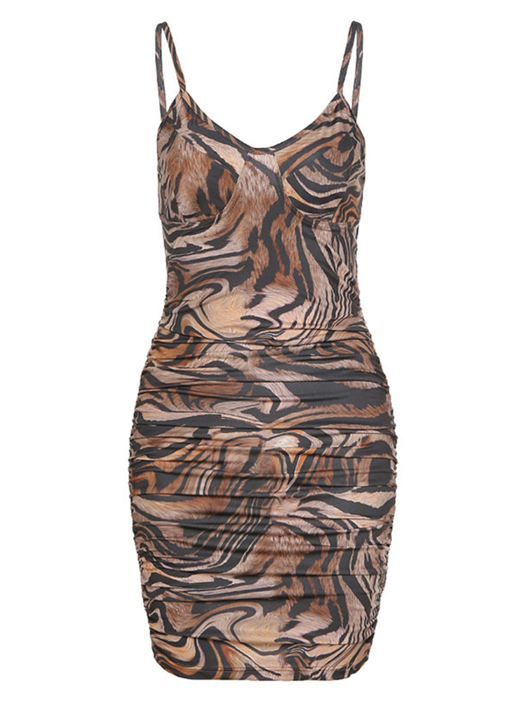 Low Cut V-neck Printed Graphic Dress Summer Club Party Wear Bodycon Sling Mini Dresses Female