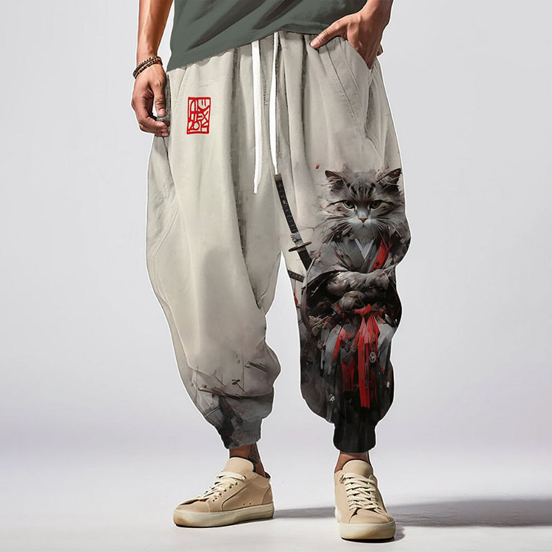 Vintage Kimono Cat Warrior Japanese Art Print Pattern Casual Loose Drawstring Waist Sweatpants elevenforest