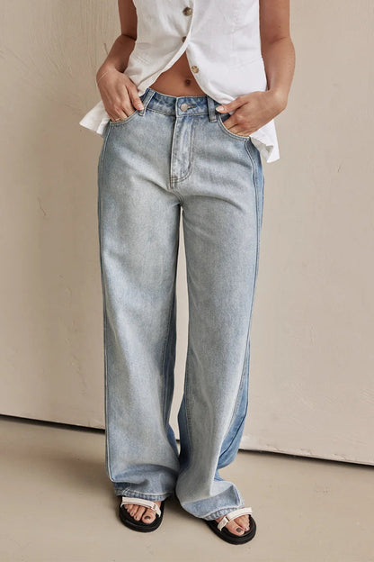 Distressed Contrast High Waist Loose Denim Jeans