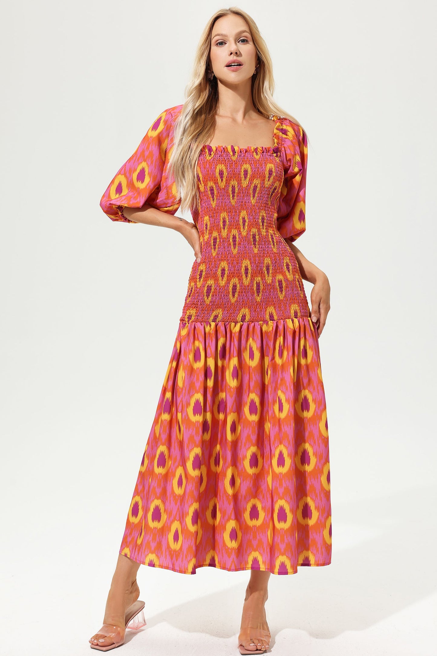 Lantern Sleeve Off-shoulder Smocked Elastic Midi Dress
