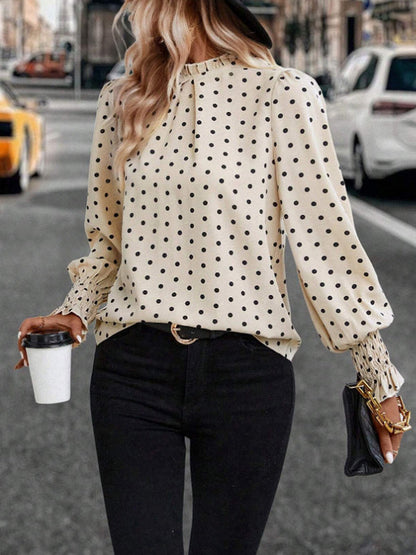 Long Sleeves Loose Elasticity Hollow Pleated Polka-dot Mock Neck Blouses&shirts Tops