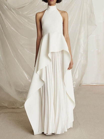 Original Sleeveless Irregularity Color High-neck T-shirt Top&pleated Skirt Bottom Two Pieces Set