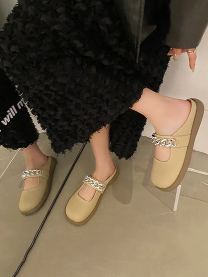 Chains Round-toe Shallow Cut Split-joint Mary Janes Slippers