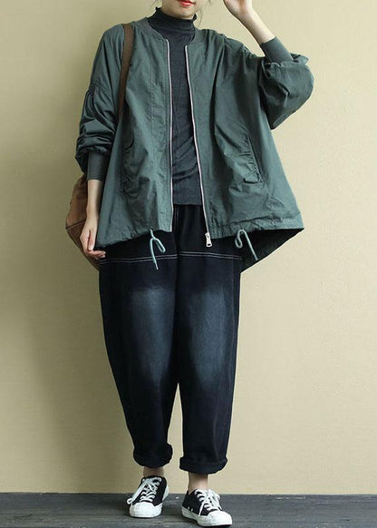 Green Zippered Pockets Low High Design Fall Coat Long Sleeve