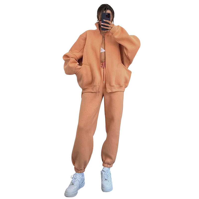 Autumn Winter Color Stand Collar Cardigan Long Sleeve Sweaters Clothing Trousers Suit
