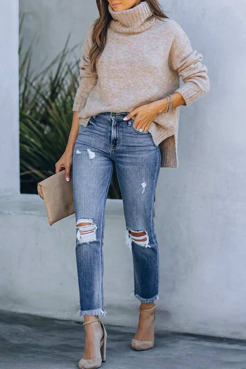 Ripped Mid Waist Skinny Denim Jeans