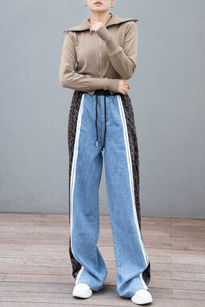 Leopard Print Patchwork High Waist Straight Denim Jeans