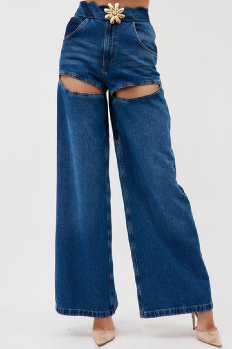 Patchwork Metal Accessories Decoration Contrast High Waist Regular Denim Jeans