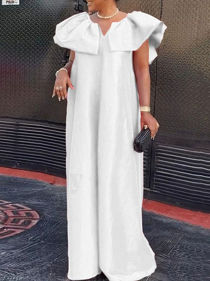 Loose Ruffle Sleeves Color Split-joint V-neck Maxi Dresses