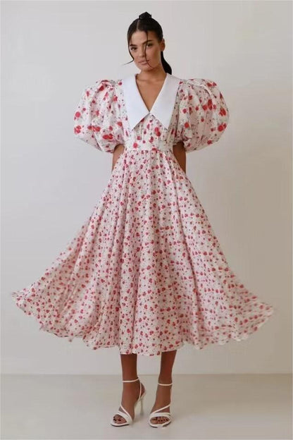 Puff Sleeves V-neck Tapered Waist Midi Dress