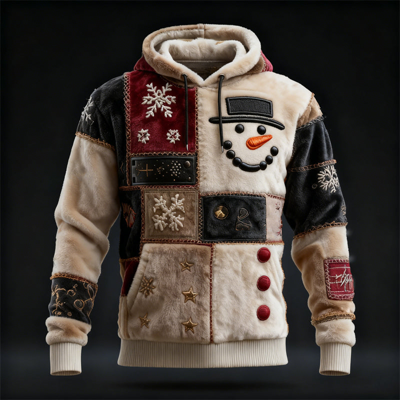 Comstylish Men's Christmas Snowman Snowflakes Patchwork Cozy Plush Hoodie