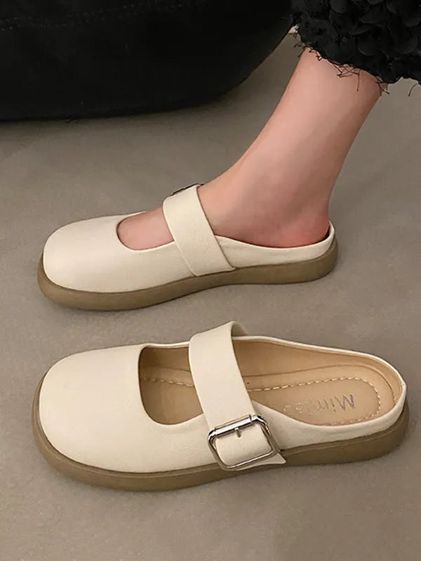 Belt Buckle Round-toe Shallow Cut Split-joint Platform Shoes Slippers&mules