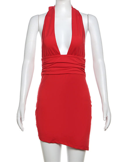 Tossy V-neck Slim Hot Backless Mini Dress Female Bandage Summer Halter Patchwork Party Dress Clothes Dress