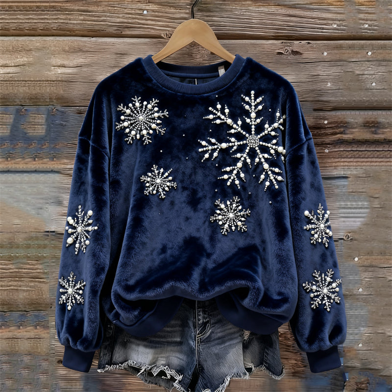 Christmas Classy Snowflakes Beaded Cozy Plush Sweatshirt