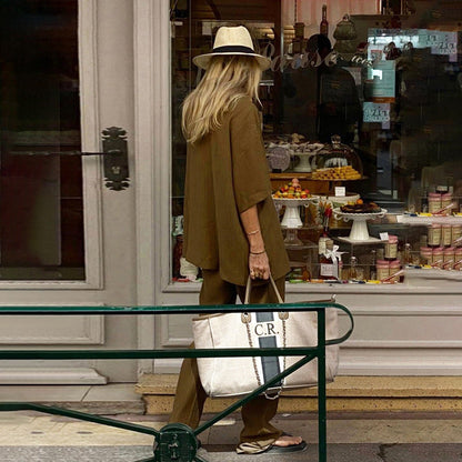 Spring Half Sleeve Shirt Brown Two Piece Set Loose Pants Suit