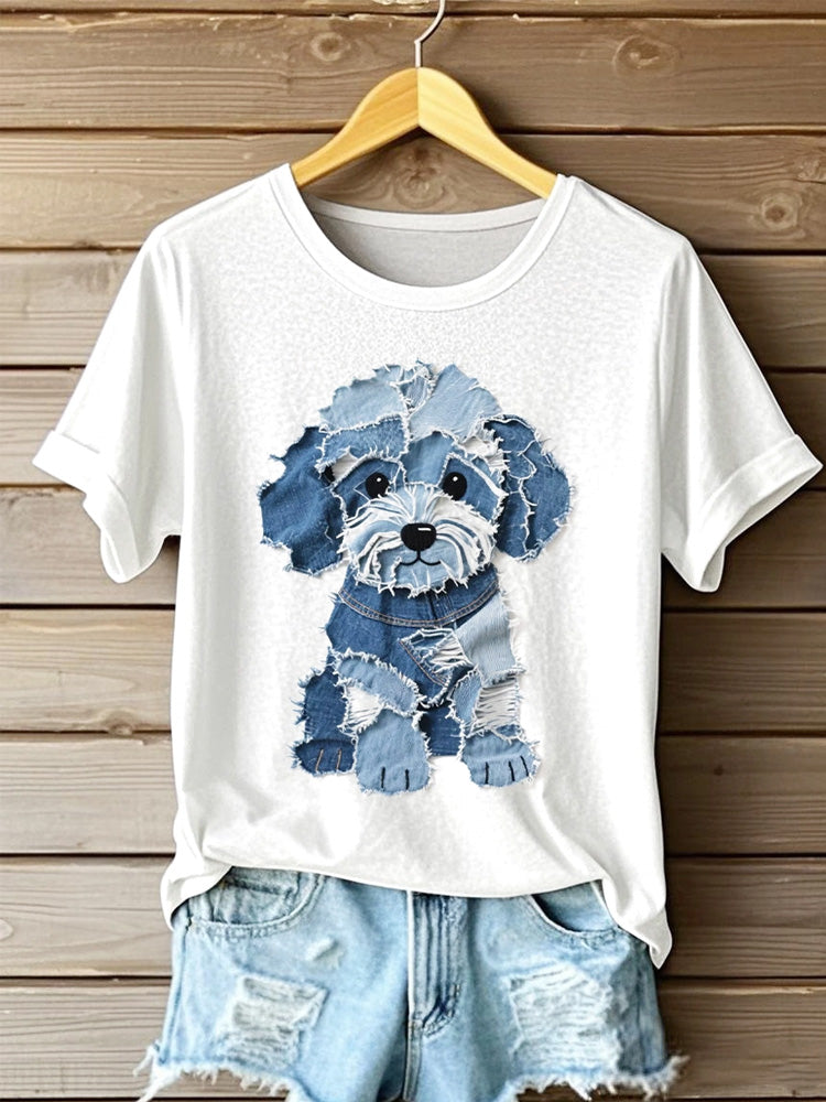 Women's Cute Dog Denim Patchwork Art T-shirt artswardrobe