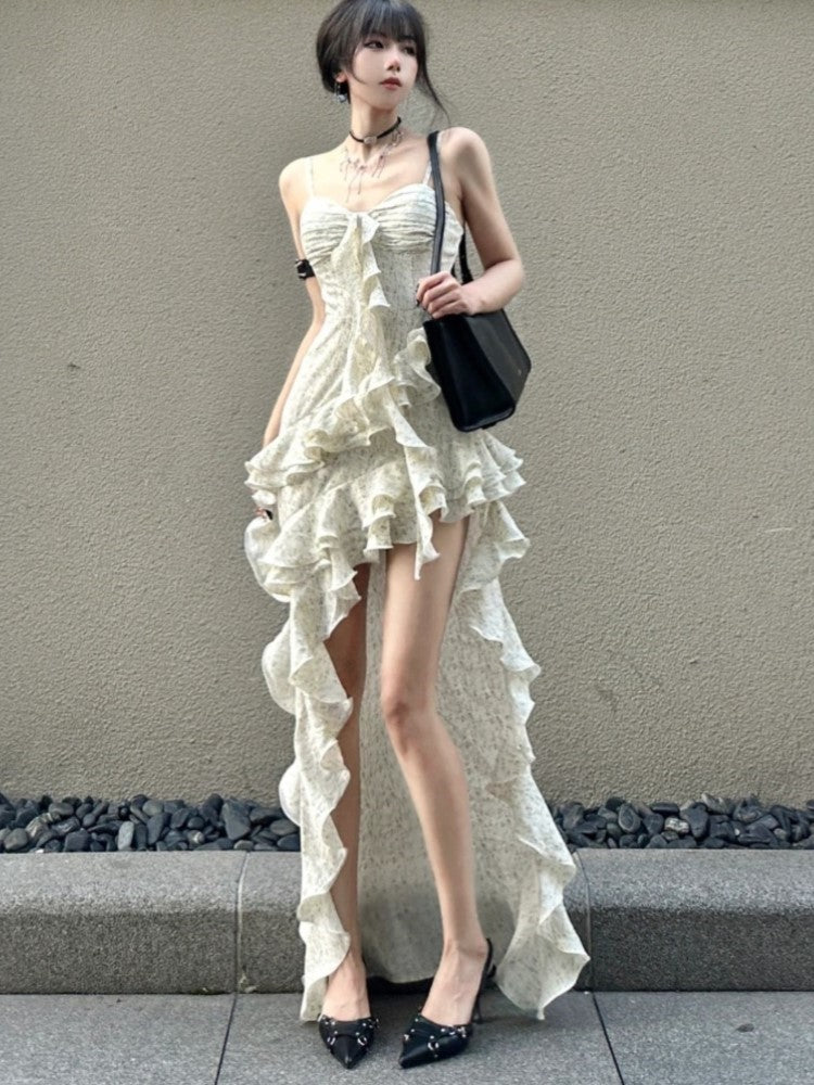 Y2k Spaghetti Strap Irregular Dress Layered Ruffles Slim Party Dress Spring New Prom Robe Wedding Vestidos Mujer