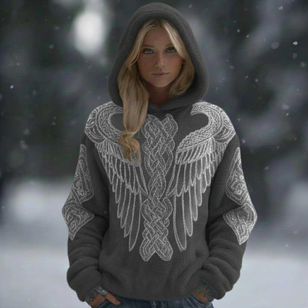 Comstylish Women's Viking Celtic Knot With Wings Inspired Art Plush Warm Flannel Hoodie
