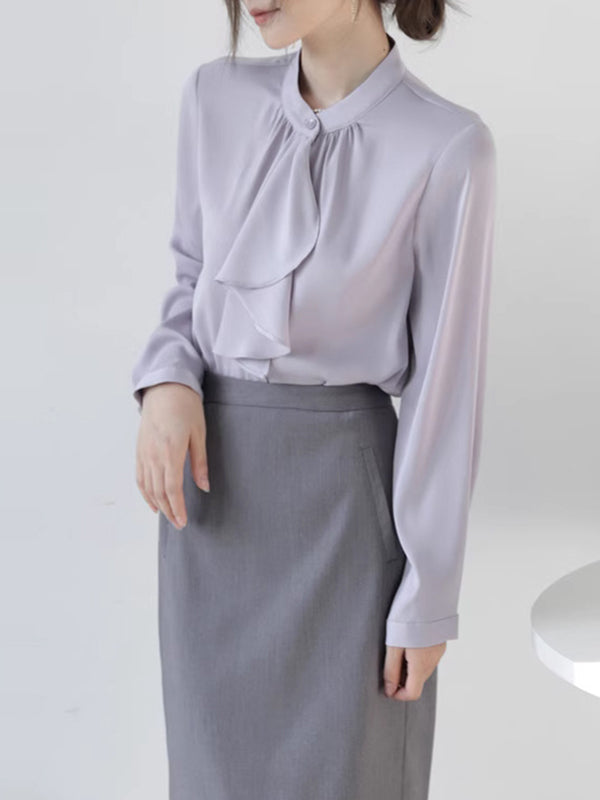 Long Sleeves Loose Buttoned Pleated Ribbon Color Mock Neck Blouses&shirts Tops