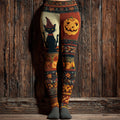 Halloween Wizard Hat Cat & Pumpkin Lady Knit Leggings artswardrobe